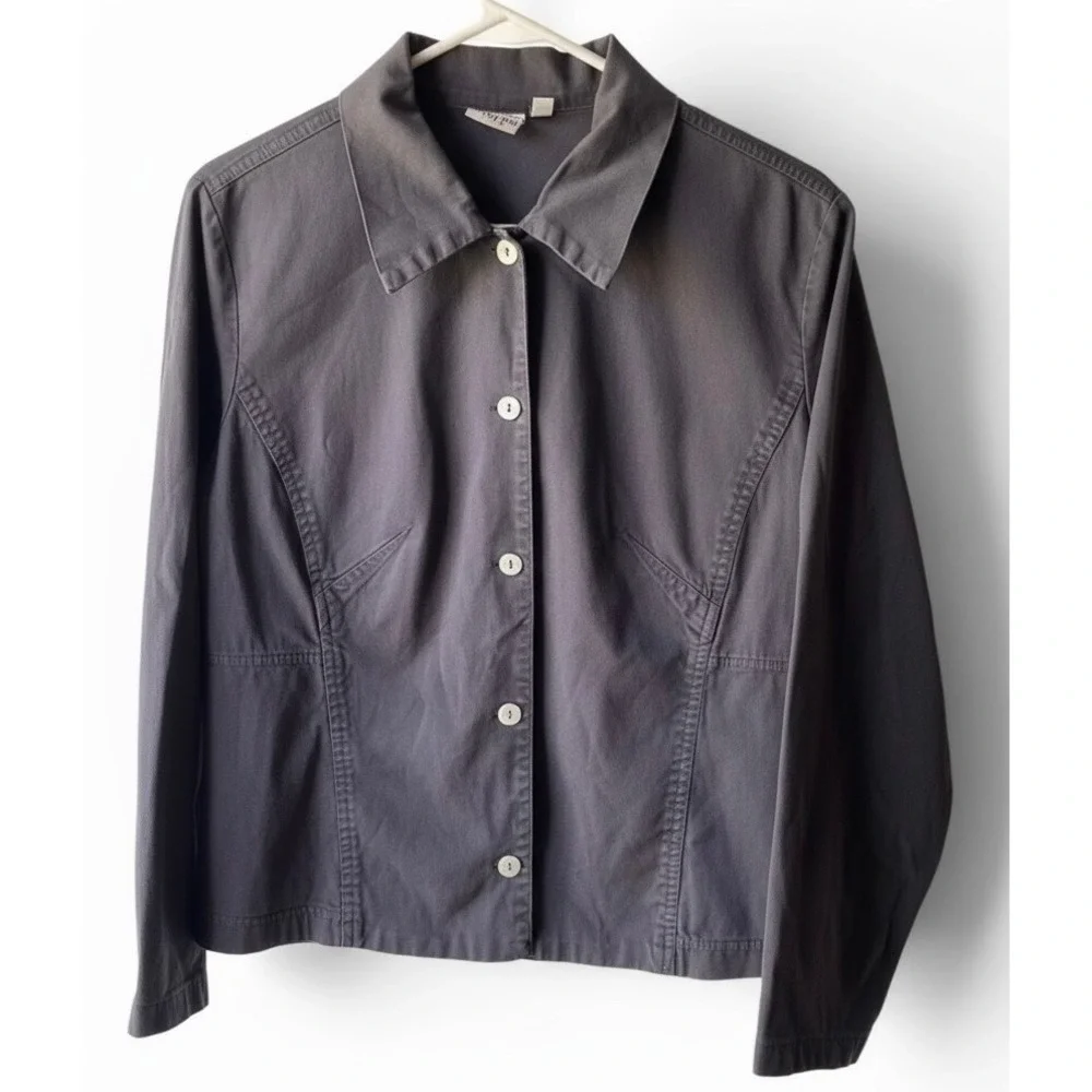 Johnny Was Gray Button Front Jacket Women's Size S Cotton Tie Back Utility Top